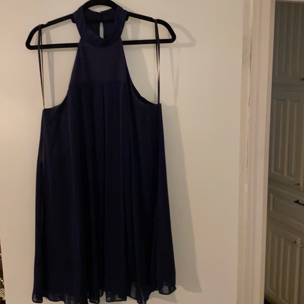 BCBG silky with detail dark navy sleeveless dress. So soft & cute.  Size M